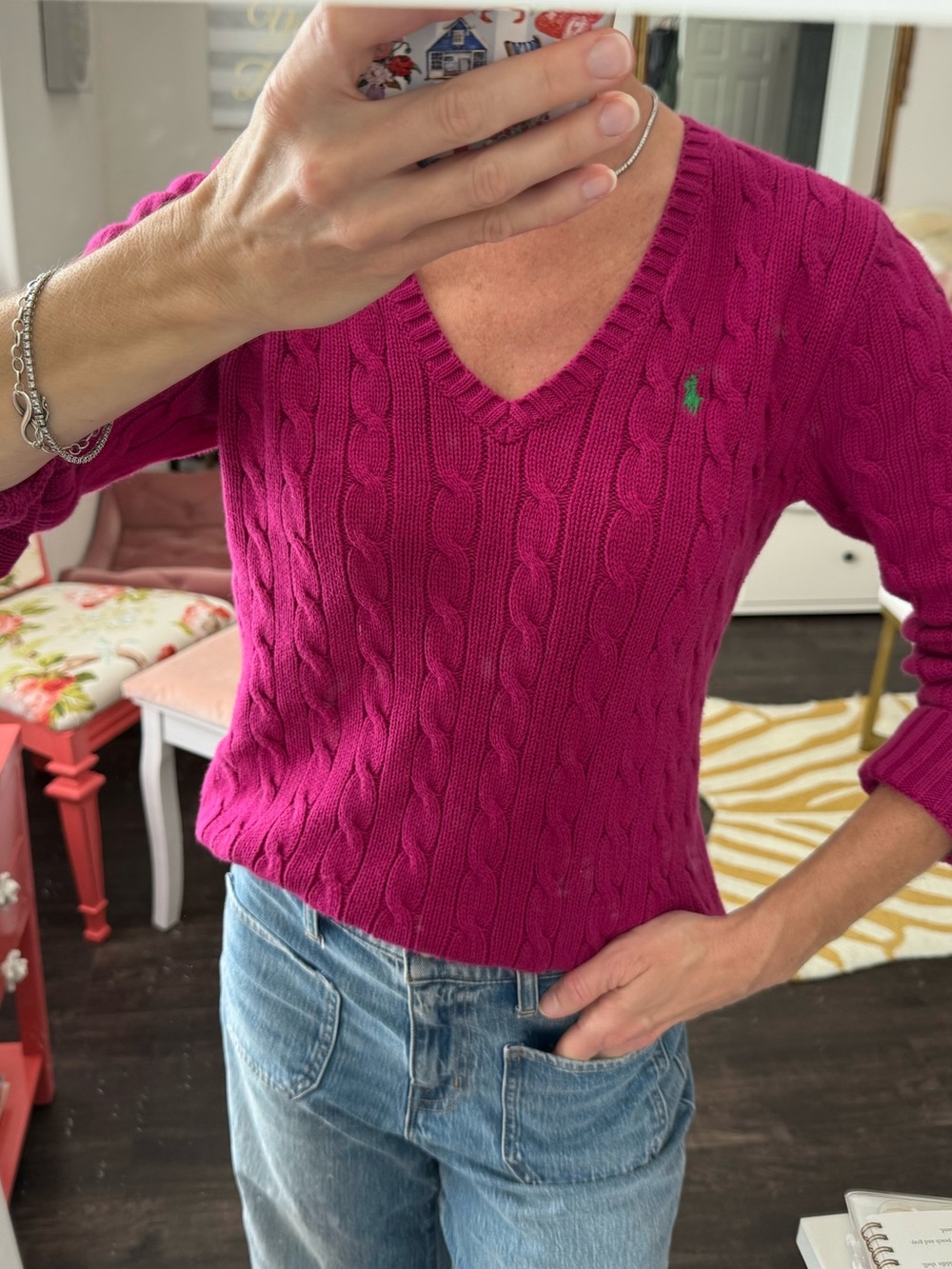 Ralph Lauren Fuchsia Cable-Knit V-Neck Sweater Green Pony - Picture 2 of 7